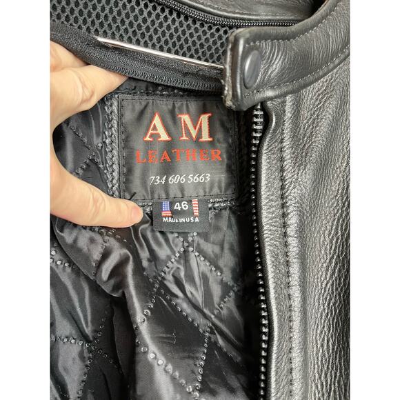 AM Leather 100% Leather Black  Motorcycle Riding Jacket w/ Pockets Mens Size 46 - Picture 7 of 11